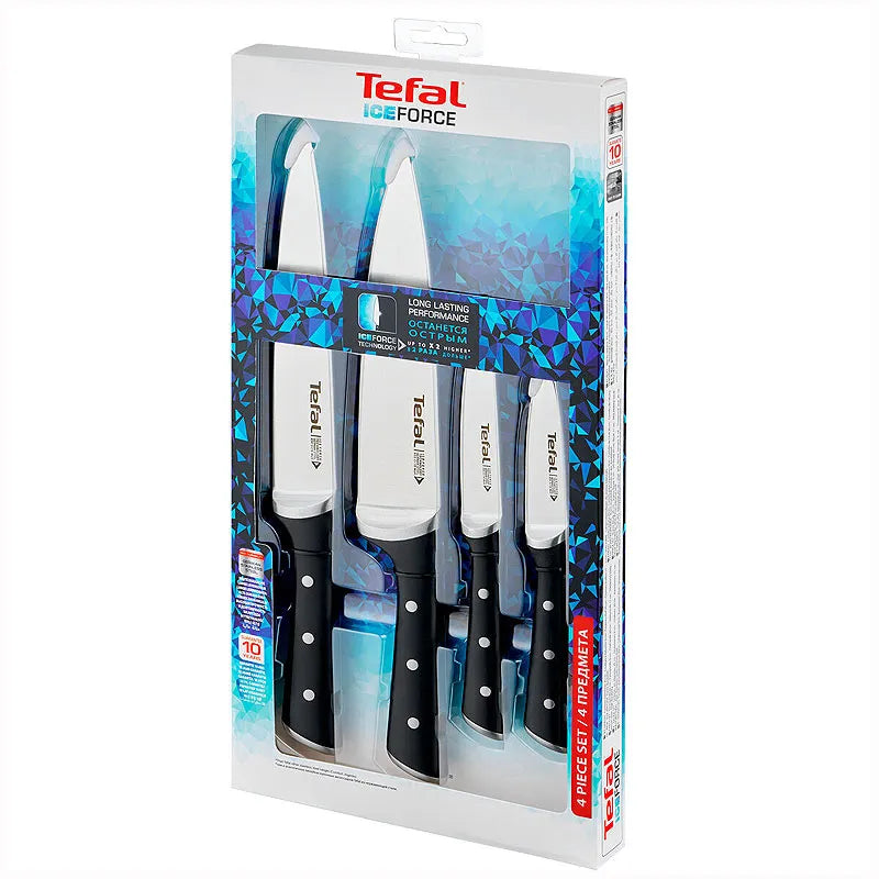 Tefal Ice Force Set of 4 Knives, Peeler 9 cm, Chef 20 cm, Slicer 20cm & Universal 11 cm, Slices, Cuts and Dices, Stainless Steel